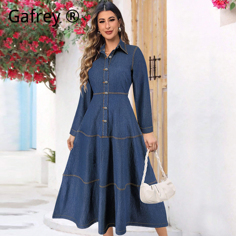 Vintage Fashion Jeans - Novo Vestido Jeans Longo de Manga