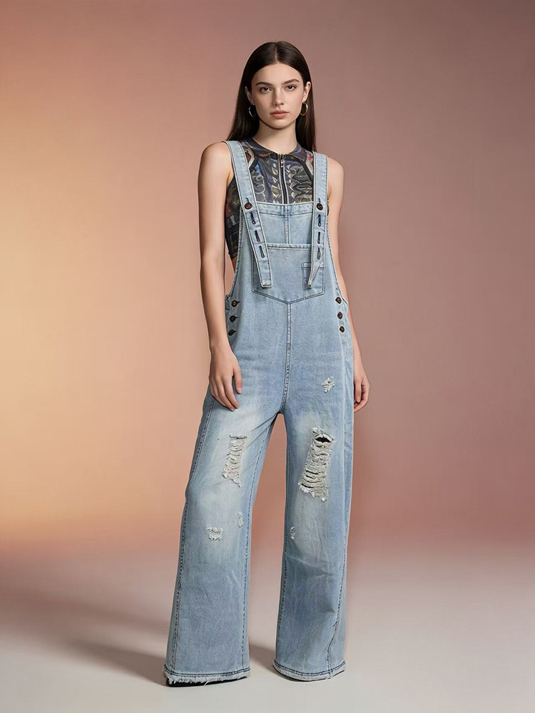 Vintage Fashion Jeans - Macacão Jeans Feminino Retrô Rasgado com